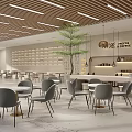 Modern Cafe Interior With Wooden Slat Ceiling Central Tree Tables Chairs And Background Shelves