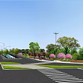 Wide Municipal Road With Clear Lane Markings Green Belts Street Lamps And Pink Flowers