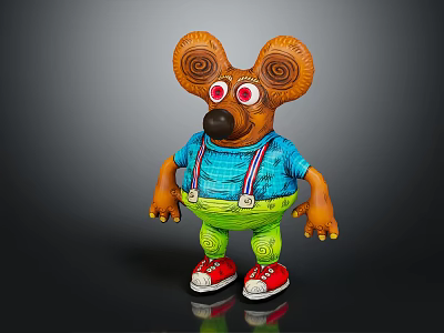 Cartoon Mouse Character with Spiral Ears Red Eyes Blue T Shirt Green Overalls Red Shoes 3d model