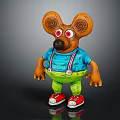 Cartoon Mouse Character with Spiral Ears Red Eyes Blue T Shirt Green Overalls Red Shoes