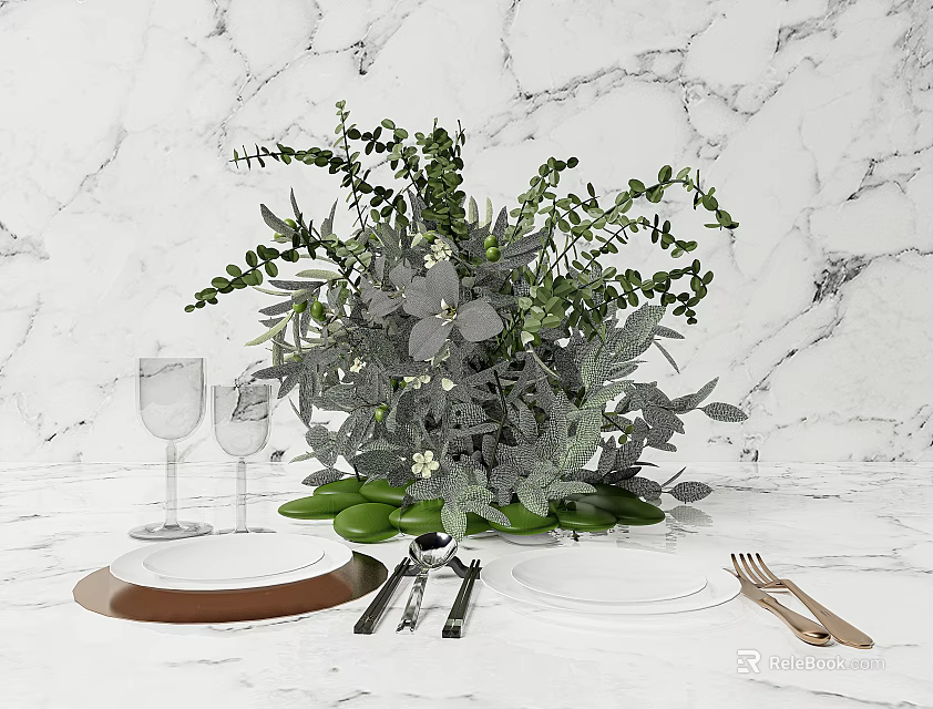 Elegant Tableware Set with Marble Tabletop Greenery Arrangement Wine Glasses Ceramic Plates and Metal Cutlery 3d model 