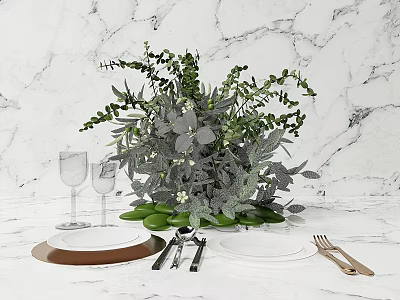 Elegant Tableware Set with Marble Tabletop Greenery Arrangement Wine Glasses Ceramic Plates and Metal Cutlery 3d model