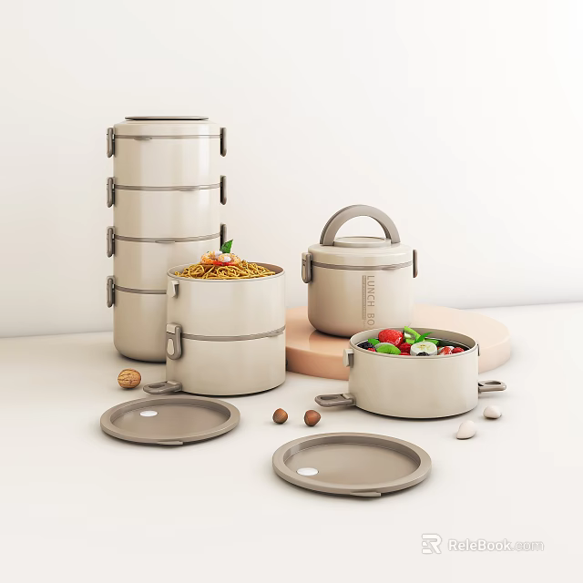 Stackable Insulated Tableware Set With Food Containers Lids And Nuts 3d model 