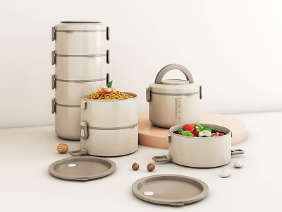 Stackable Insulated Tableware Set With Food Containers Lids And Nuts 3d model