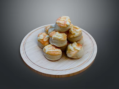 Freshly Baked Fluffy Golden Pastry Bites On Round Wooden Platter 3d model