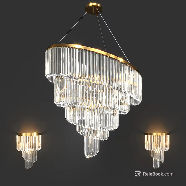 Elegant Crystal Chandelier With Multi Layer Glass Drops And Gold Frame Wall Sconces 3d model 