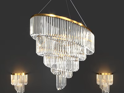 Elegant Crystal Chandelier With Multi Layer Glass Drops And Gold Frame Wall Sconces 3d model