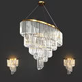 Elegant Crystal Chandelier With Multi Layer Glass Drops And Gold Frame Wall Sconces
