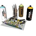 Art Supplies Including Spray Paint Cans Brushes Palette And Colored Paper