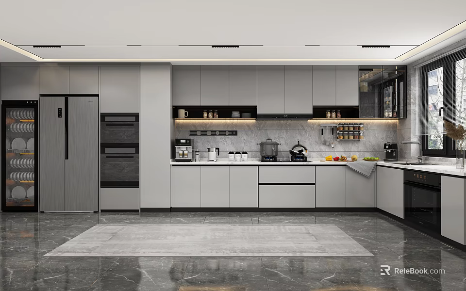 Modern Kitchen Interior Design With Gray White Cabinets Countertop And Appliances 3d model