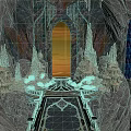 Mysterious Cave Interior With Arched Doorway Leading To Orange Sunset Sky And Stalactite Formations