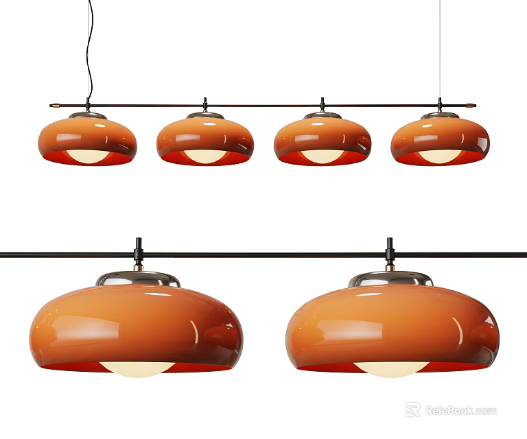 Modern Orange Pendant Lights With Round Shades And Metal Hanging Rods 3d model 