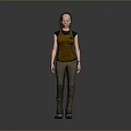Woman In Yellow Tank Top And Brown Pants Standing On Gray Background