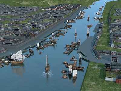 Ancient Architecture Complex In Water Town With Traditional Boats And River Canals 3d model