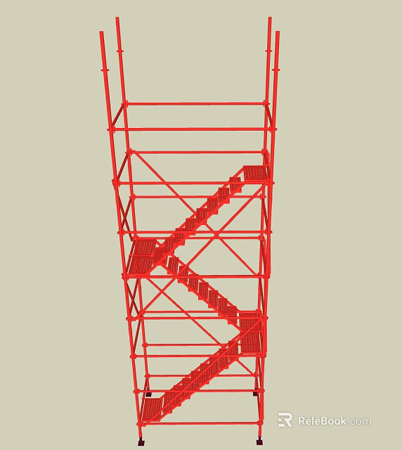 Red Industrial Stairs With Metal Scaffolding Frame And Support Structure 3d model