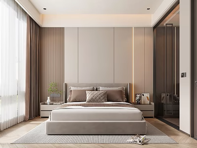 Modern Bedroom Interior Design With Light Tone Bed Nightstands Curtains And Green Plant 3d model