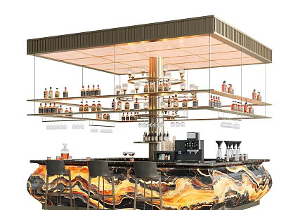 Modern Bar Counter With Glass Shelves Bottles Wine Glasses And Black Bar Stools 3d model