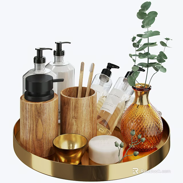 Stylish Bathroom Accessories on Gold Tray with Wooden Holders Black Pump Bottles and Green Plant 3d model 