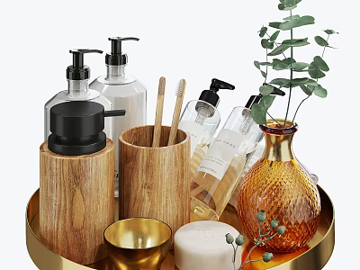 Stylish Bathroom Accessories on Gold Tray with Wooden Holders Black Pump Bottles and Green Plant 3d model