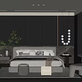 Modern Dark Bedroom Interior Design With Comfortable Bed Ottoman Rug And Pendant Lights