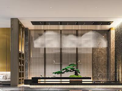 Luxurious Modern Hotel Lobby Interior With Cloud Chandelier And Green Pine Decor 3d model