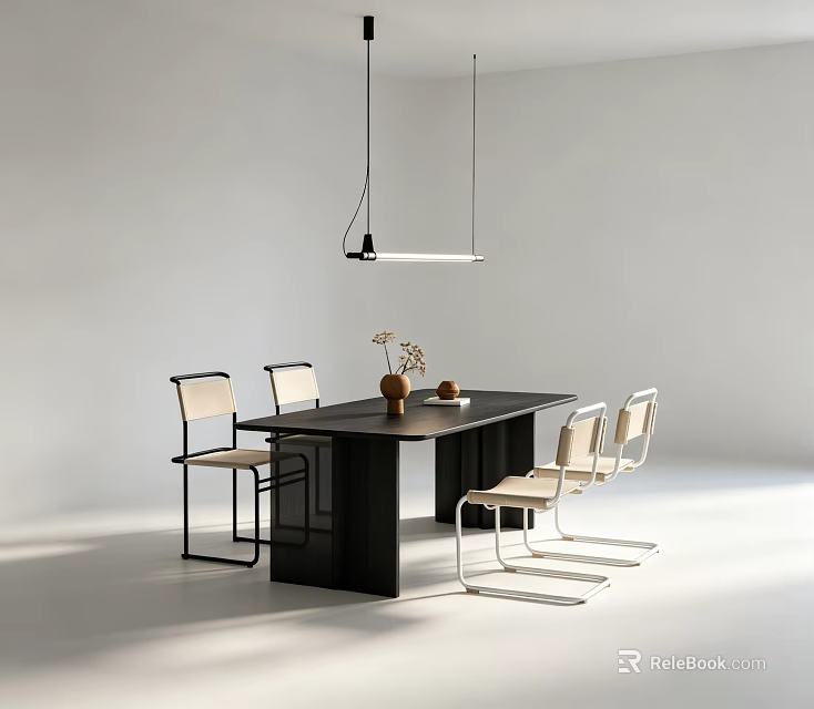 Black Dining Table With Light Metal Leg Chairs Vase And Pendant Light In Modern Room 3d model 