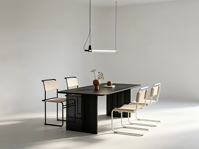 Black Dining Table With Light Metal Leg Chairs Vase And Pendant Light In Modern Room 3d model