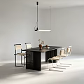 Black Dining Table With Light Metal Leg Chairs Vase And Pendant Light In Modern Room
