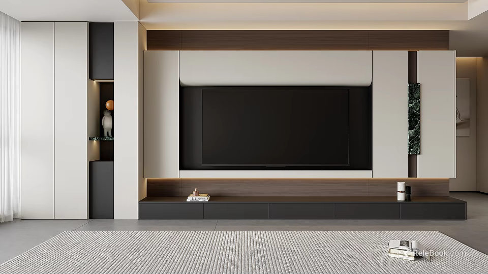 Modern Minimalist TV Background Cabinet With Embedded Warm LED Lighting And Practical Storage Display Design 3d model 