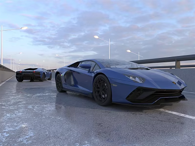 Blue and Black Sports Cars Driving on Road with Street Lights and Cloudy Sky 3d model