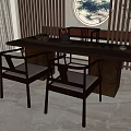 Traditional Chinese Wooden Tea Table and Chairs With Teapot Cups and Decorative Painting