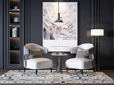 Two White Leisure Accent Chairs with Round Table Dark Wall Artwork and Patterned Rug 3d model