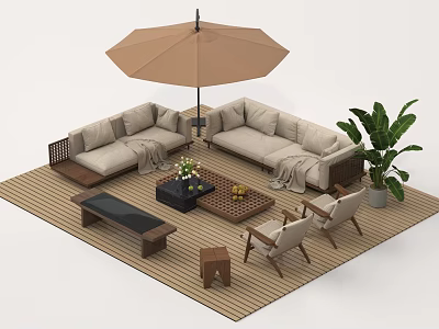 Modern Outdoor Sofa Set With Umbrella Coffee Table And Green Plant 3d model