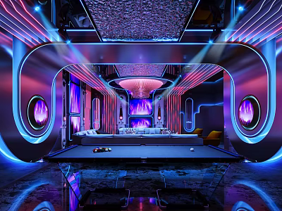 Hi Tech KTV Room With Neon Lights And Pool Table 3d model