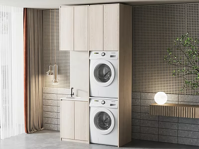 Modern Bathroom Cabinet With Stacked Washing Machine Dryer Tile Wall And Green Plant Decor 3d model