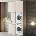 Modern Bathroom Cabinet With Stacked Washing Machine Dryer Tile Wall And Green Plant Decor