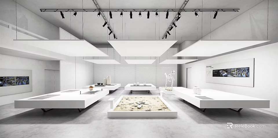 Modern Cultural Center Interior With White Display Platforms Central Sand Area And Track Lighting 3d model 