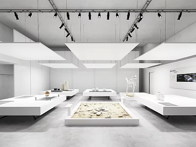 Modern Cultural Center Interior With White Display Platforms Central Sand Area And Track Lighting 3d model