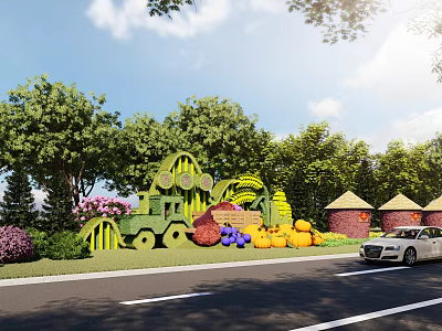 Harvest Themed Outdoor Sculpture With Trees Flower Bushes Pumpkins And Straw Stacks 3d model