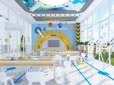 Kindergarten Science Room With Blue Walls Planet Decorations Gear Archway And Tables 3d model