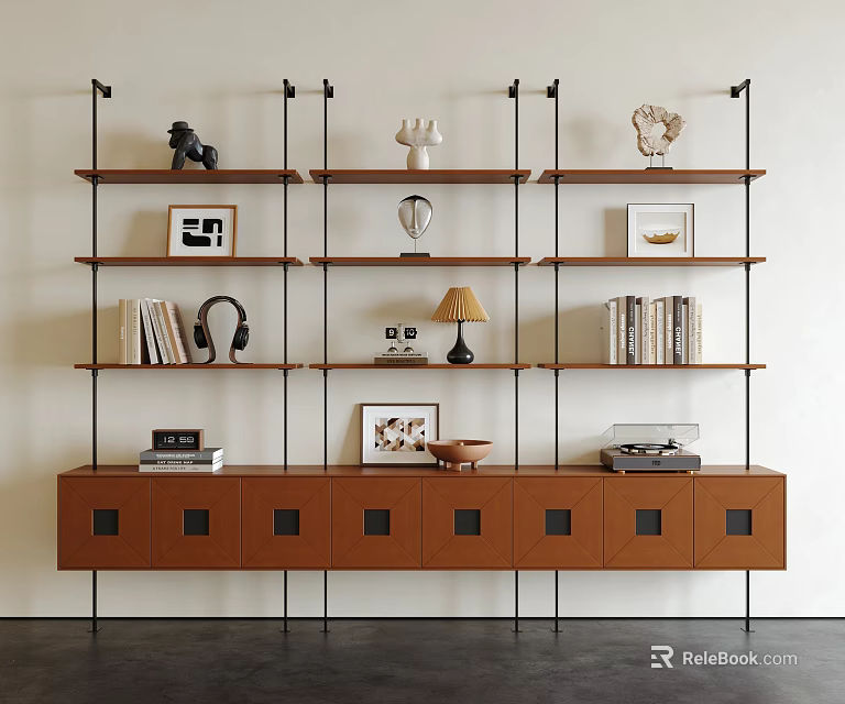 Modern Metal Frame Wooden Shelving Unit with Sculptures Photo Frames Books Headphones and Record Player 3d model 