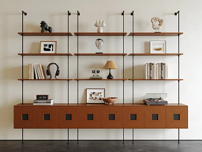 Modern Metal Frame Wooden Shelving Unit with Sculptures Photo Frames Books Headphones and Record Player 3d model