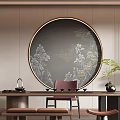 Traditional Chinese Tea Room Interior Design With Tea Table Circular Painting And Teaware