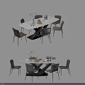 Modern Dining Table Set With Rectangular Marble Top Black Metal Base And Six Beige Chairs 3d model