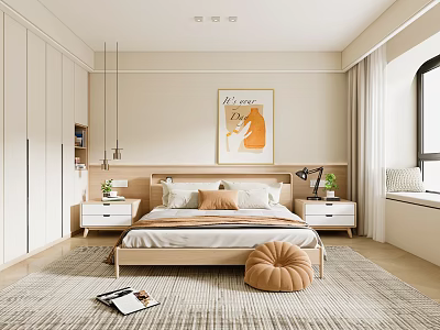 Modern Bedroom Interior With Wooden Bed Nightstands Decorative Painting And Rug 3d model