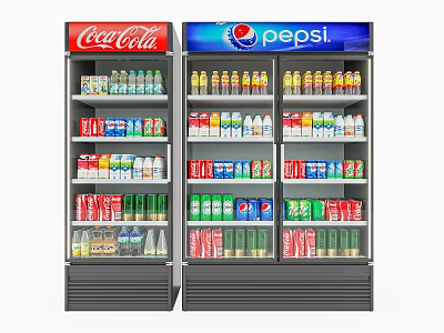Beverage Refrigerators Stocked With Coca Cola And Pepsi Beverages On Shelves 3d model