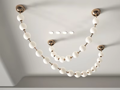 Modern Chandelier with White Beads and Gold Connectors Hanging from Ceiling 3d model