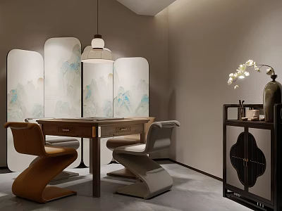 Elegant Mahjong Room Interior With Landscape Screen Wooden Table And Pendant Lamp 3d model