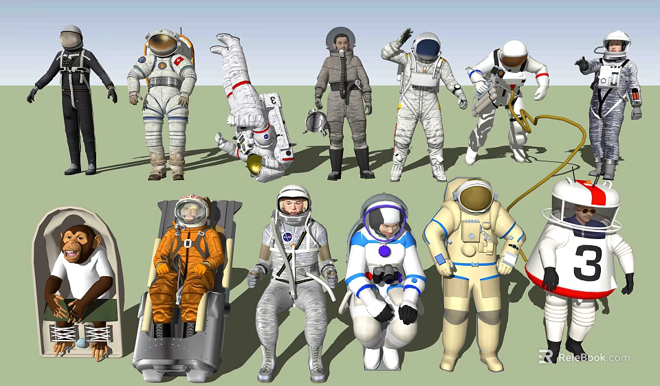 Diverse Men Portrayed As Astronauts In Various Spacesuit Designs And Poses 3d model 