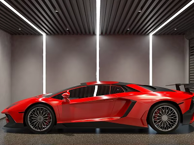 Modern Indoor Parking Garage with Red Sports Car and Stylish Ceiling Lighting Gray Walls 3d model